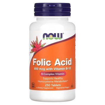 Вітаміни та мінерали NOW Folic Acid 800 mcg with Vitamin B12, 250 таблеток CN4479 фото