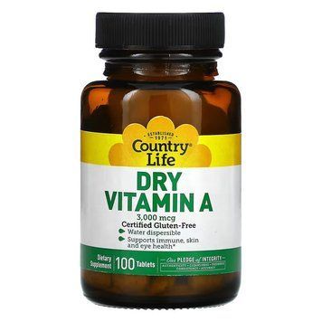 Вітаміни та мінерали Country Life Dry Vitamin A 10000 IU, 100 таблеток CN10554 фото