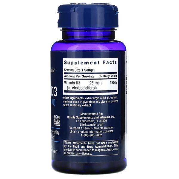 Вітаміни та мінерали Life Extension Vitamin D3 1000 IU, 250 капсул CN10874 фото