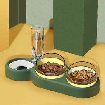 Подвійна миска для тварин Semi Animal Bowl 13см*38см*22см 500 мл, Green з автоматичною поїлкою CN14454 фото