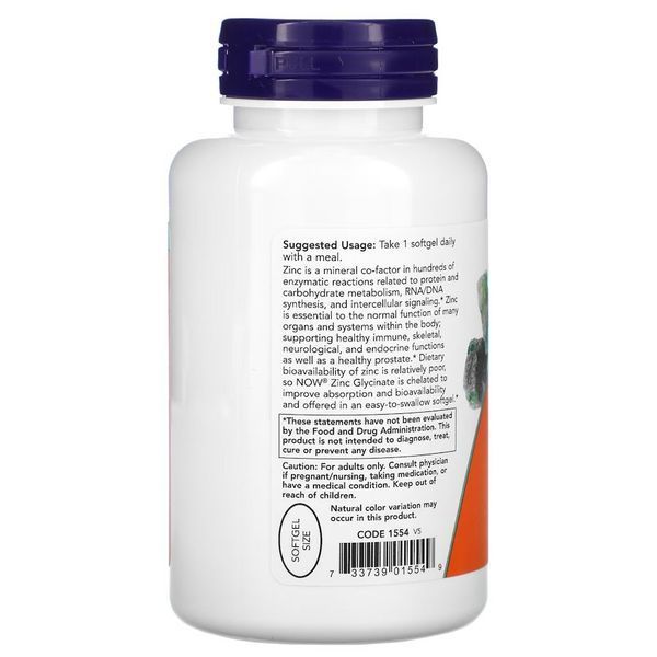 Вітаміни та мінерали NOW Zinc Glycinate 30 mg, 120 капсул CN12514 фото