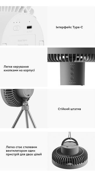 Портативний акумуляторний вентилятор Kinscoter DQ-213 діаметр 16.5 см батарея 4 000 mAh, Grey CN13235 фото