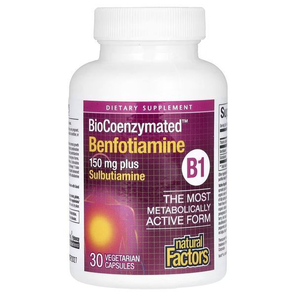 Бенфотіамін та сульбутіамін Natural Factors BioCoenzymated Benfotiamine plus Sulbutiamine, 30 вегакапсул CN17118 фото