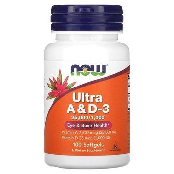 Вітамін А та D3 NOW Ultra A & D-3 25000/1000 IU, 100 капсул для підтримки кісток, зубів та зору CN13393 фото