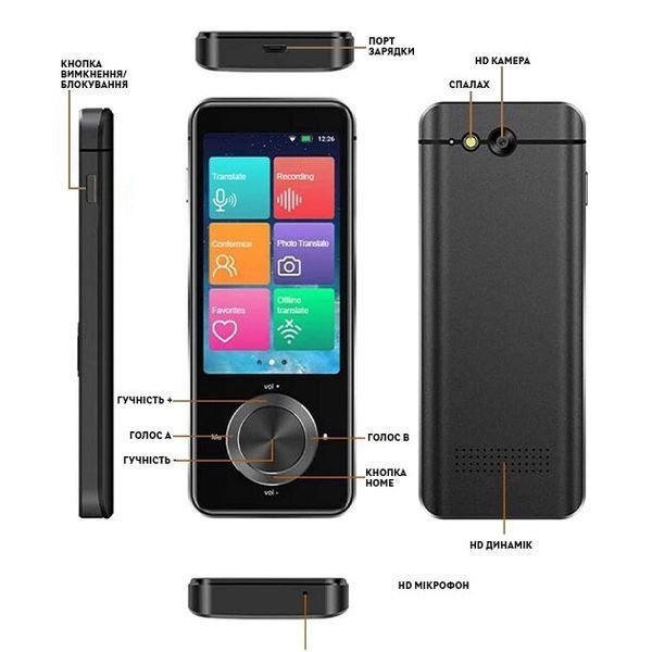 Портативний перекладач HongTop M9 WI-FI 1500мАг, 1/8GB, 5Мп, Black перекладає з 137 мов, та 16 без інтернету CN15138 фото