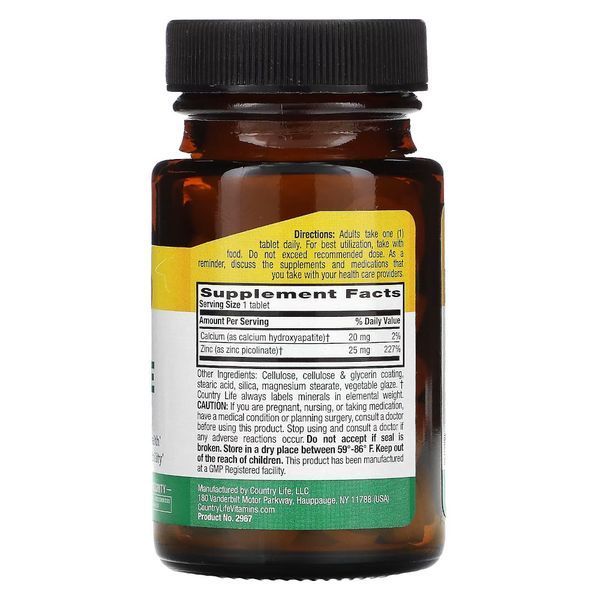 Вітаміни та мінерали Country Life Zinc Picolinate 25 mg, 100 таблеток CN10486 фото