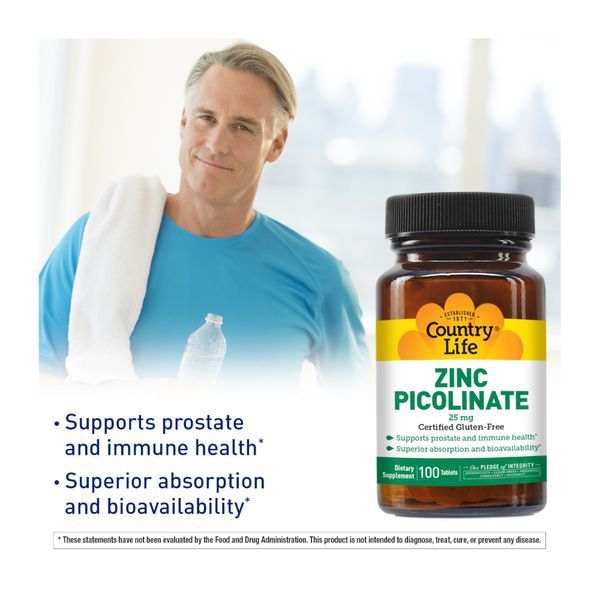 Вітаміни та мінерали Country Life Zinc Picolinate 25 mg, 100 таблеток CN10486 фото