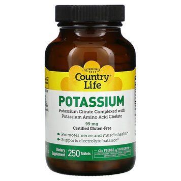 Калій цитрат Country Life Potassium 99 mg, 250 таблеток для підтримка нервів та м'язів CN13278 фото