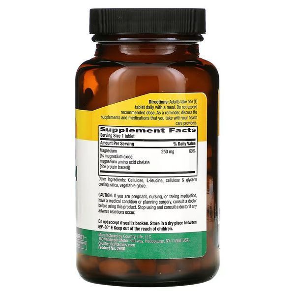 Магній у хелатній формі Country Life Chelated Magnesium 250 mg, 180 таблеток для розслаблення м'язів і здоров'я кісток CN13284 фото