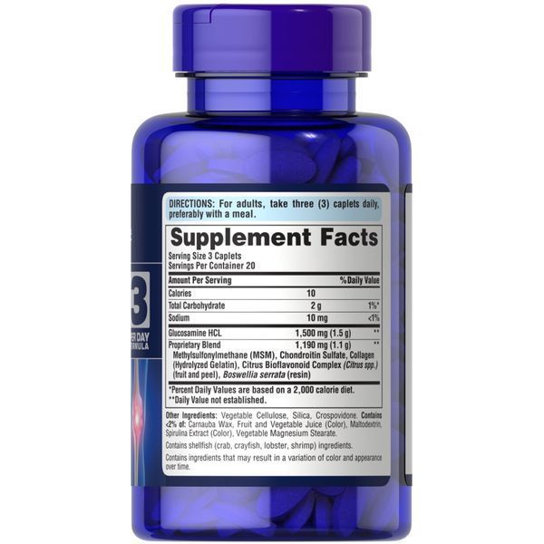 Препарат для суглобів і зв'язок Puritan's Pride Glucosamine Chondroitin MSM 3 Per Day Formula, 60 каплет CN2823 фото