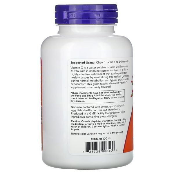 Вітаміни та мінерали NOW Vitamin C-500, 100 жувальних таблеток - Вишня CN12477 фото