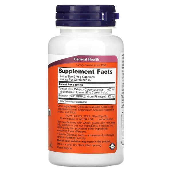 Екстракт з куркуми та бромелайн NOW Turmeric & Bromelain, 90 вегакапсул для підтримки суглобів CN13473 фото