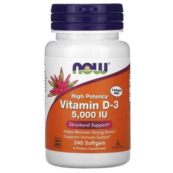 Вітаміни та мінерали NOW Vitamin D3 5000 IU, 240 капсул CN6231 фото