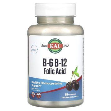 Вітаміни B6, B12 і фолієва кислота KAL B-6 B-12 Folic Acid, 60 пастилок для підтримки серцево-судинної системи CN16515 фото