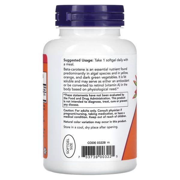 Вітаміни та мінерали NOW Natural Beta Carotene 25000 IU, 180 капсул CN11538 фото