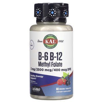 Вітаміни B6, B12 KAL B-6 B-12 Methyl Folate, 60 мікро таблеток для підтримки серцево-судинної системи CN16516 фото