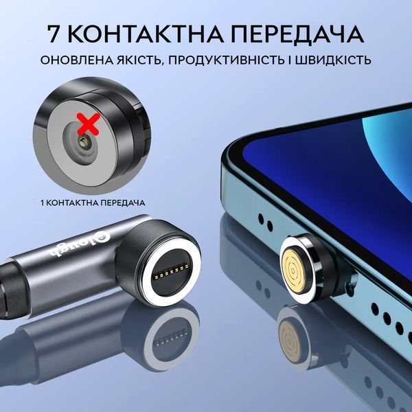 Кабель магнітний із швидкою зарядкою Elough 7 Contact 3 A 2 м, Green 3 в 1 Micro USB/Lightining/Type C, обертання на 540&deg; CN13645 фото